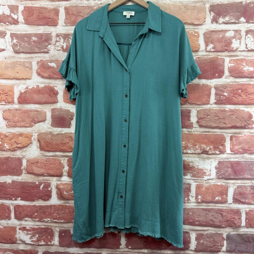 Umgee Shirt Dress Women's M Blue Boho Linen Blend Raw Edge Fringe Trim Button Up